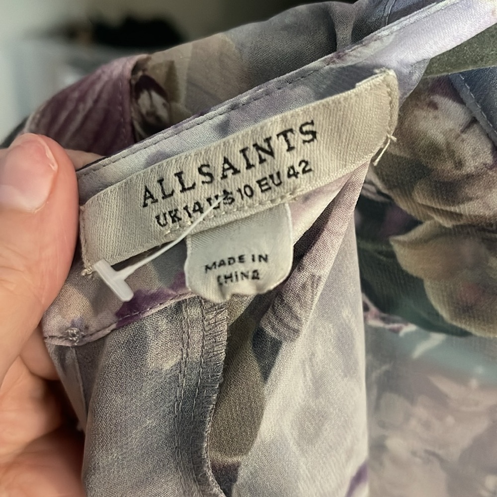 NWOT ALL SAINTS Chiffon Heather Grey, Purple & Floral Design Dress. SZ 10 - Picture 3 of 8